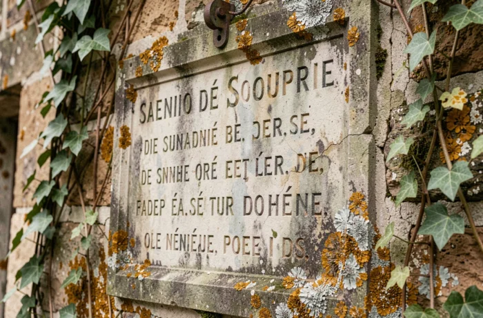 Plaque commémorative en pierre gravée sur un mur du village de Soupir couverte de lichen et de lierre