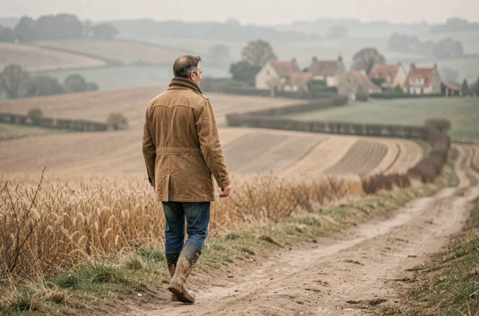 Homme se promenant sur un chemin de campagne près des champs agricoles du village de Soupir