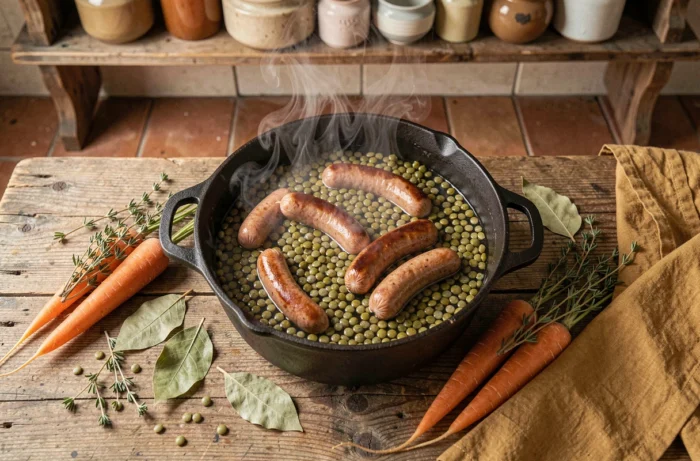 Cocotte en fonte mijotée de saucisses aux lentilles vertes avec carottes et herbes aromatiques sur une table de cuisine rustique
