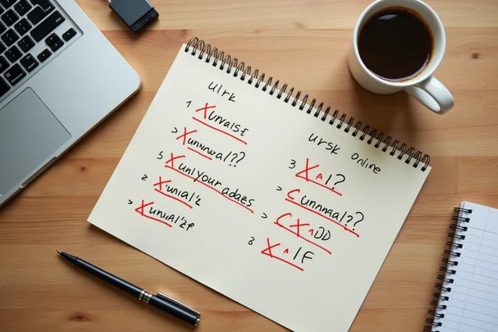 Vue aérienne d'un bureau avec des URLs manuscrites barrées et une liste d'adresses web non fiables imprimée