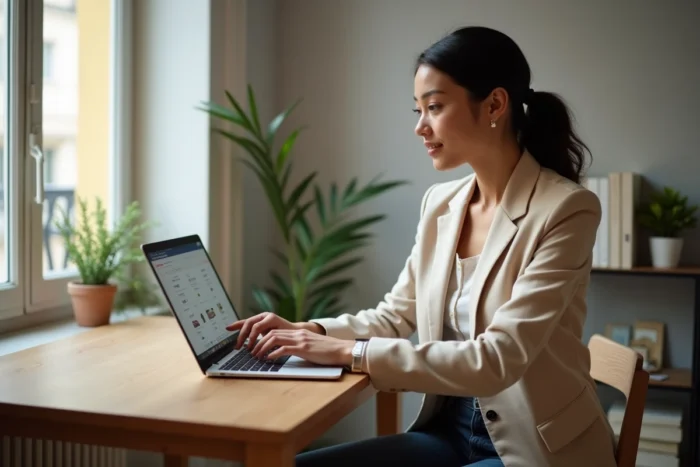 Jeune femme cherchant un appartement à Paris sur un site d'annonces immobilières depuis son bureau en bois