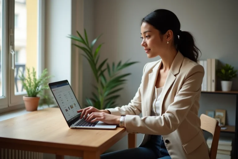Jeune femme cherchant un appartement à Paris sur un site d'annonces immobilières depuis son bureau en bois