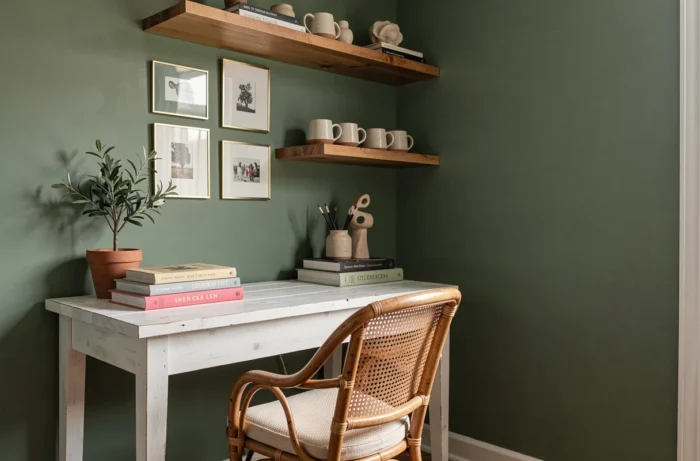 Coin bureau à domicile relooké avec chaise en rotin, mur vert sauge et étagères décoratives en bois flotté