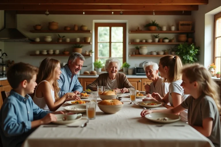 Famille multigénérationnelle partageant un repas convivial autour d'une grande table en bois dans une cuisine rustique chaleureuse
