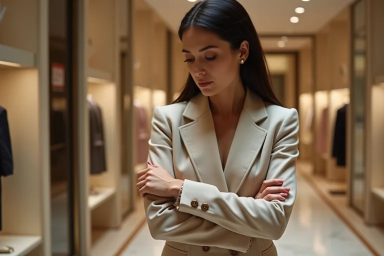 Femme analysant les détails de couture d'un blazer inspiré des grands couturiers dans une boutique parisienne