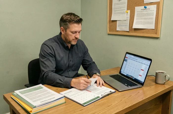 Responsable RH Leclerc examinant des documents relatifs aux conditions du 13ème mois et aux primes salariales dans un bureau arrière