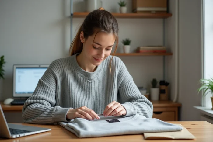 Jeune femme préparant un retour H&M en ligne à son bureau à la maison, pliant soigneusement un vêtement dans son emballage d'origine