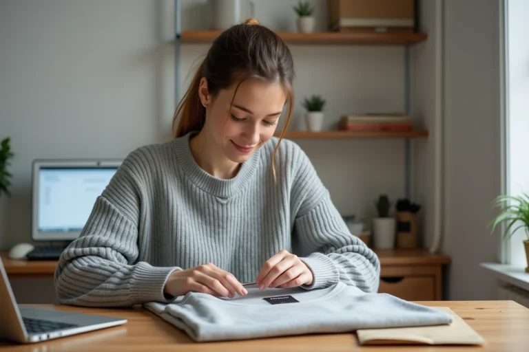 Jeune femme préparant un retour H&M en ligne à son bureau à la maison, pliant soigneusement un vêtement dans son emballage d'origine