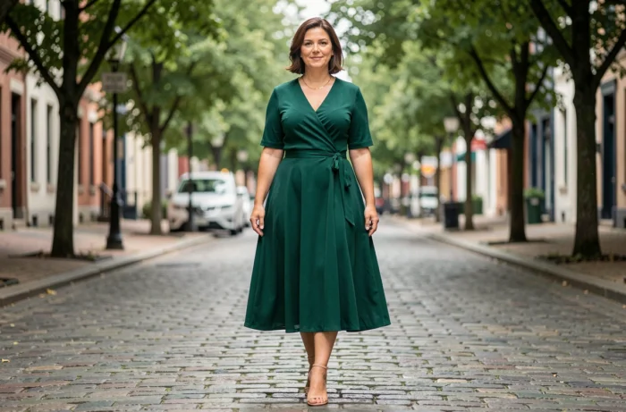 Femme en robe portefeuille vert émeraude mettant en valeur une silhouette en poire dans une rue pavée