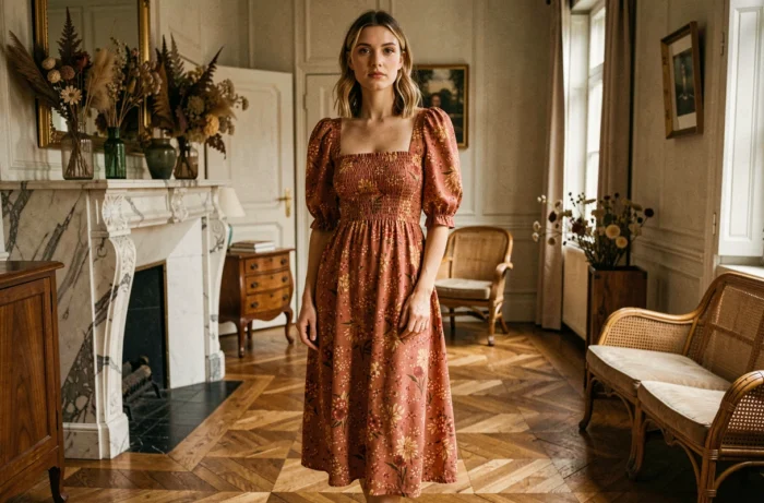 Femme en robe vintage à fleurs Rouje dans un appartement parisien rétro avec parquet en chevron, incarnant l'esprit vintage parisien de la marque