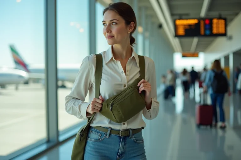 Femme portant un sac banane en bandoulière dans un terminal d'aéroport moderne
