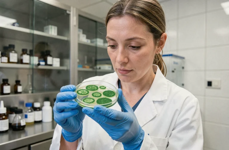 Scientifique en blouse blanche examinant une boîte de Pétri avec des colonies bactériennes dans un laboratoire de microbiologie moderne