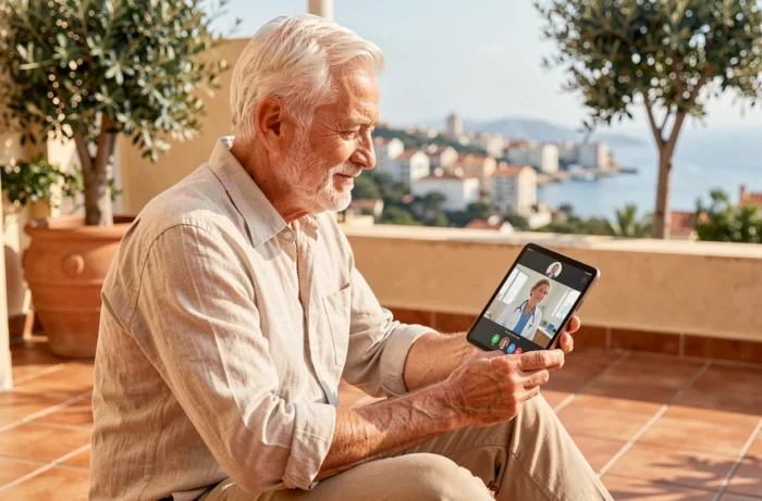 Senior expatrié en consultation médicale à distance par tablette sur une terrasse méditerranéenne