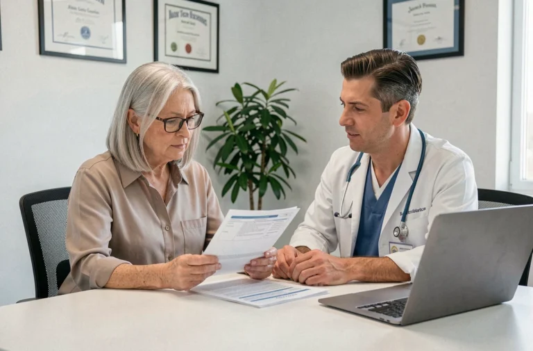 Senior expatriée consultant un conseiller santé dans un cabinet médical à l'étranger pour choisir une assurance santé adaptée