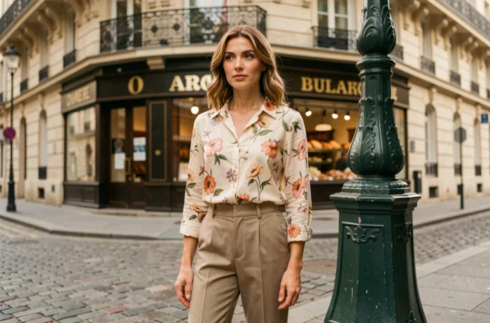 Femme portant un chemisier en coton bio fleuri Sézane sur un trottoir parisien en pavés, style mode parisienne authentique
