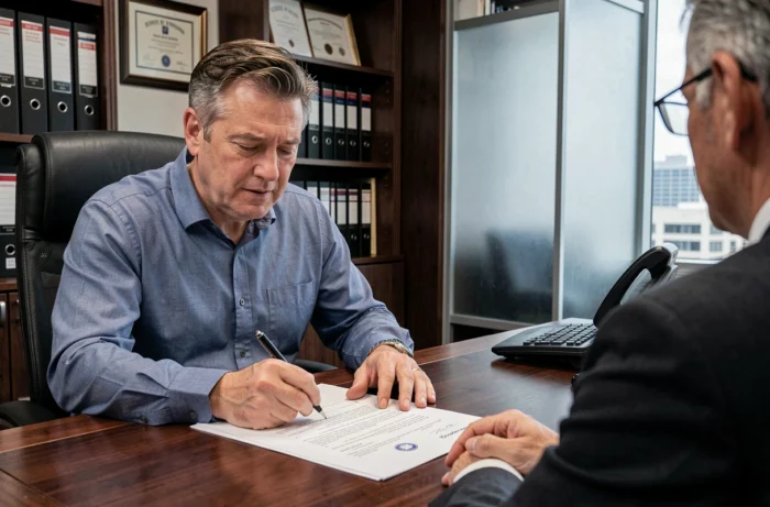 Homme signant un compromis de vente immobilière dans le bureau d'un notaire pour finaliser son projet