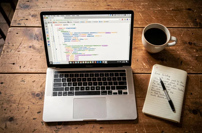 Écran d'ordinateur portable affichant un sitemap XML dans un café avec carnet de notes et tasse de café