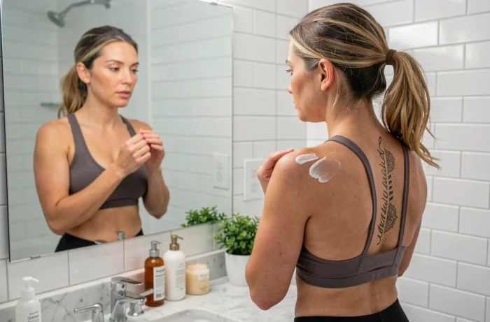 Femme appliquant une crème hydratante sur un tatouage cicatrisé sur la colonne vertébrale devant un miroir de salle de bain