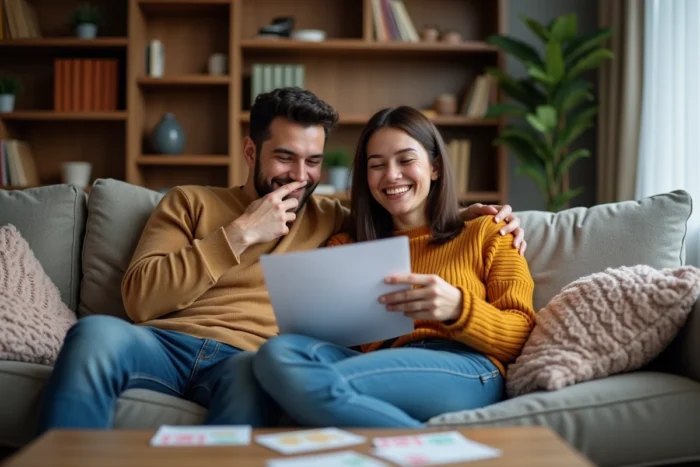 Couple détendu sur un canapé lisant des questions de soirée jeu Les Z'Amours imprimées