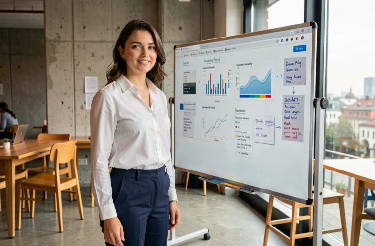 Entrepreneur suisse devant un tableau de données dans un espace de coworking moderne à Zurich