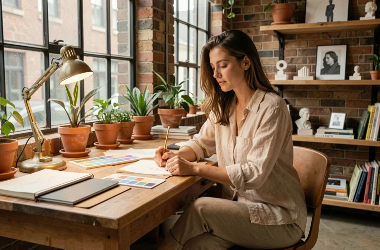 Femme créative travaillant dans un studio maison aménagé avec bureau en bois, carnets de croquis et plantes, ambiance créative et inspirante