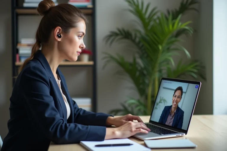 Femme en télétravail suivant en direct l'événement LesEntreprisesFrenchy 2026 sur son ordinateur portable depuis son bureau à domicile