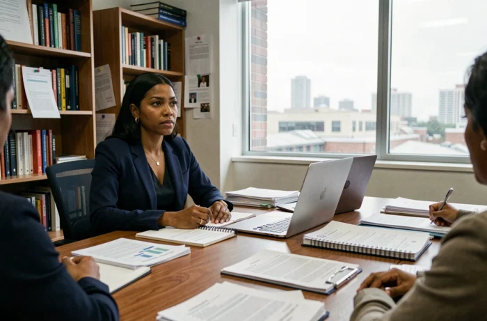 Femme militante et ancienne mannequin en réunion de travail dans un bureau associatif, entourée de documents et d'un ordinateur portable