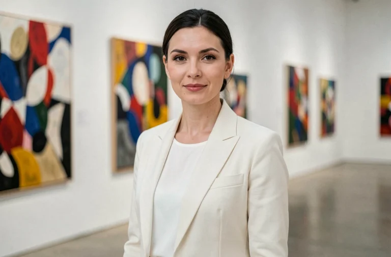 Portrait élégant d'une femme mannequin devenue militante, debout dans une galerie d'art moderne, exprimant assurance et engagement