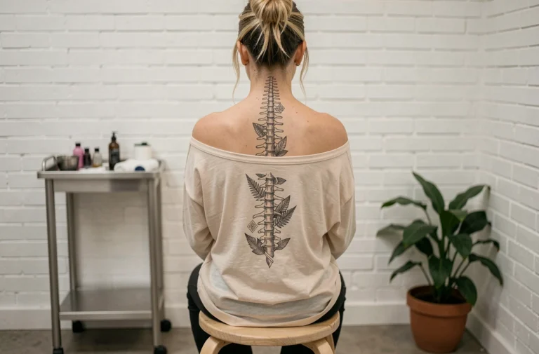 Femme de dos assise dans un studio de tatouage montrant un tatouage détaillé sur la colonne vertébrale avec motifs botaniques en encre noire
