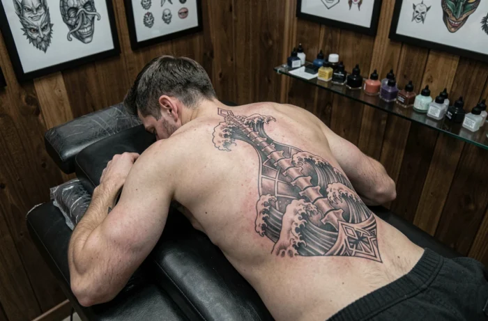 Homme allongé face contre table dans un salon de tatouage avec un tatouage de colonne vertébrale en style japonais fraîchement réalisé