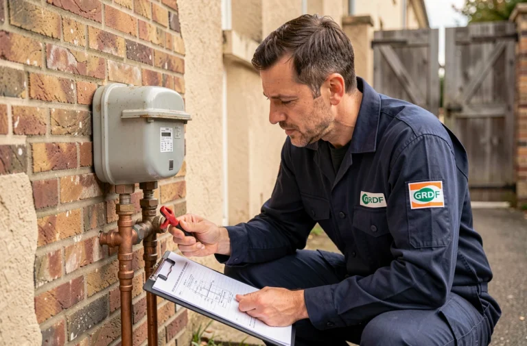 Technicien GRDF inspectant un compteur de gaz sur la façade extérieure d'une maison résidentielle lors d'un raccordement