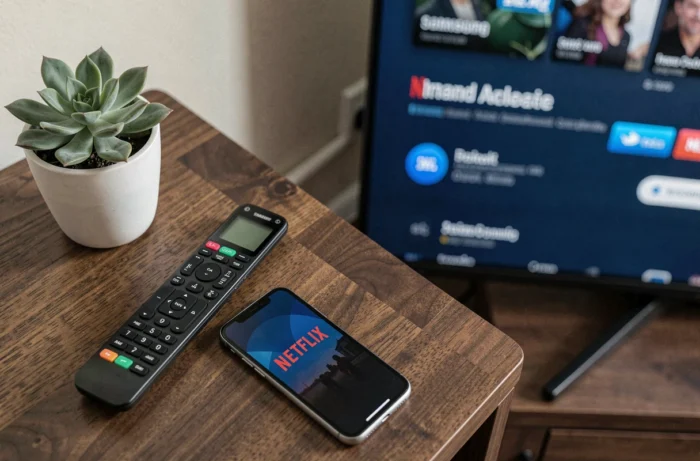 Télécommande Samsung et smartphone affichant le logo Netflix pour l'installation de l'application