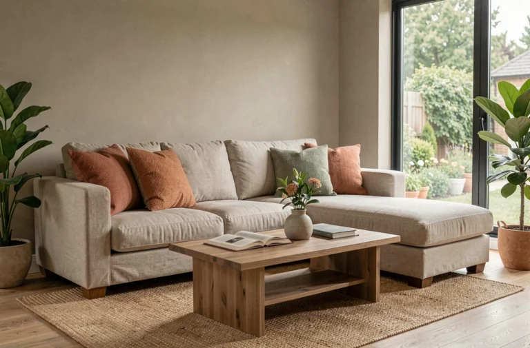 Salon moderne décoré selon les tendances 2024 avec canapé en lin neutre, coussins terracotta et vert sauge, table basse en bois et plantes d'intérieur