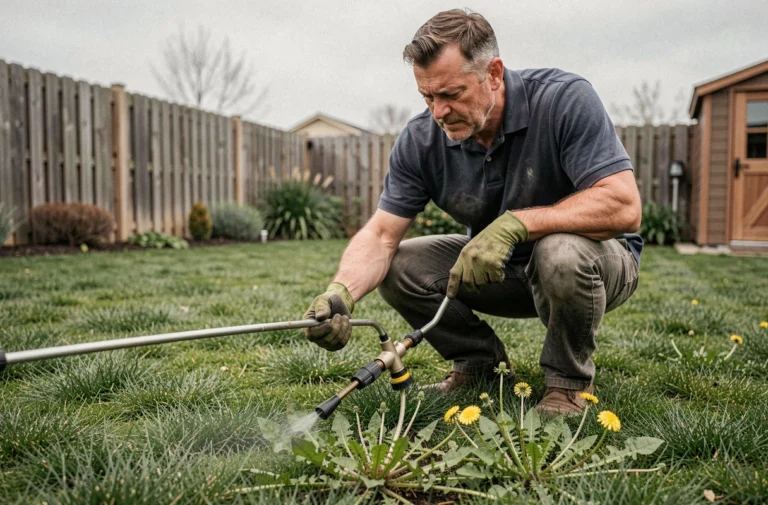 Jardinier appliquant un herbicide sélectif sur des mauvaises herbes dans une pelouse verdoyante avec un pulvérisateur à main