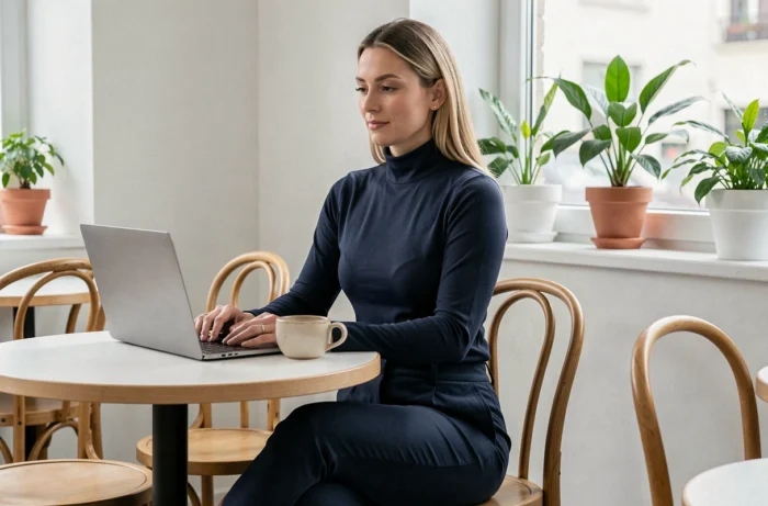 Femme portant un col roulé technique Uniqlo dans un café minimaliste, illustrant les basiques techniques à prix abordable de la marque
