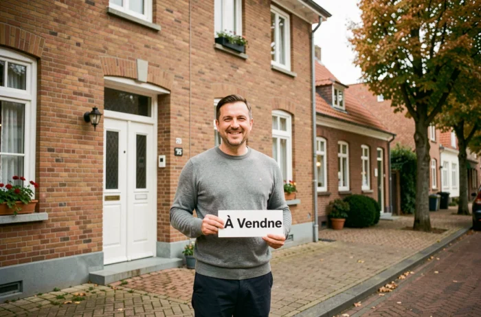 Homme tenant un panneau À Vendre devant une maison en briques dans un quartier résidentiel belge