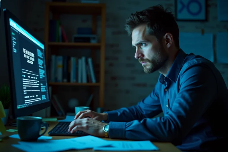 Homme sceptique vérifiant une adresse de site web douteux sur son ordinateur portable dans un bureau à domicile encombré