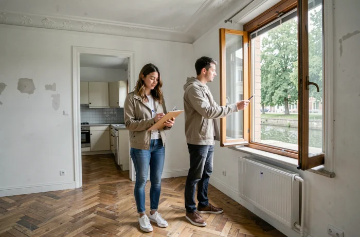 Couple visitant un appartement avec parquet ancien et vue sur canal lors d'une visite immobilière en Belgique