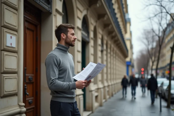 Homme consultant une annonce immobilière devant un immeuble haussmannien à Paris en automne