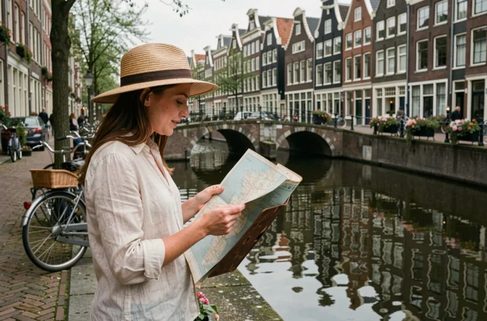 Voyageuse devant les canaux d'Amsterdam, capitale des Pays-Bas commençant par la lettre A
