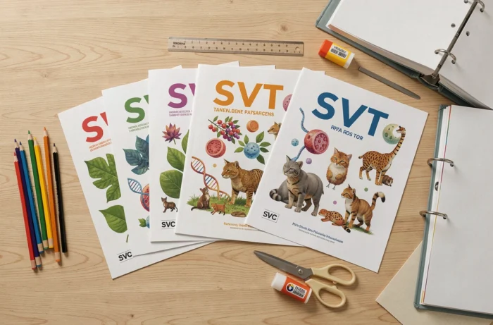 Vue de dessus d'une sélection de pages de garde SVT imprimées disposées avec des fournitures scolaires sur un bureau