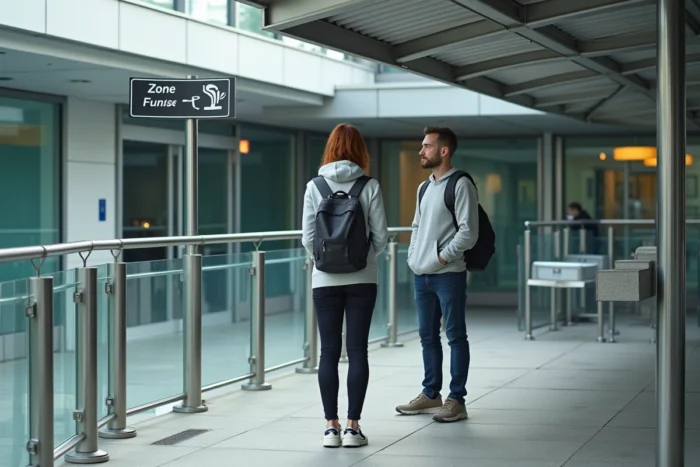 Zone fumeurs extérieure d'un aéroport avec signalétique fumeur et passagers en attente sous un abri métallique